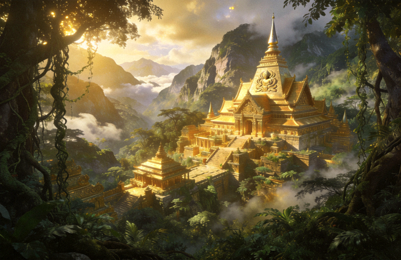 寻宝黄金城游戏场景概念图：金色古城隐藏在茂密丛林与群山之中，神秘而壮观