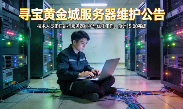 寻宝黄金城公告配图：技术人员正在进行服务器维护与优化工作的示意画面
