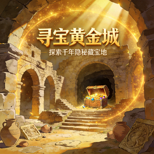 寻宝黄金城官网主视觉：金色光芒环绕的古城遗址与隐秘藏宝地的故事氛围图